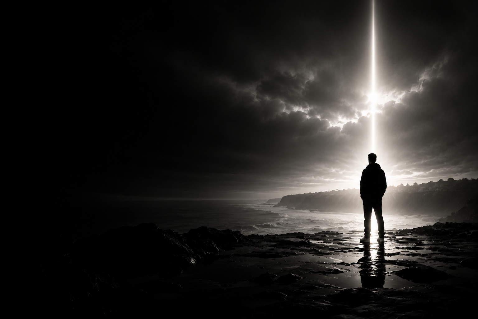 Silhouette facing a beam of light over the ocean