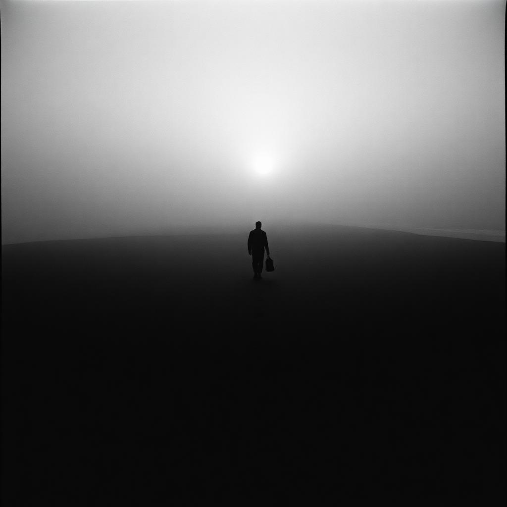 A lone figure walking toward the horizon at dawn