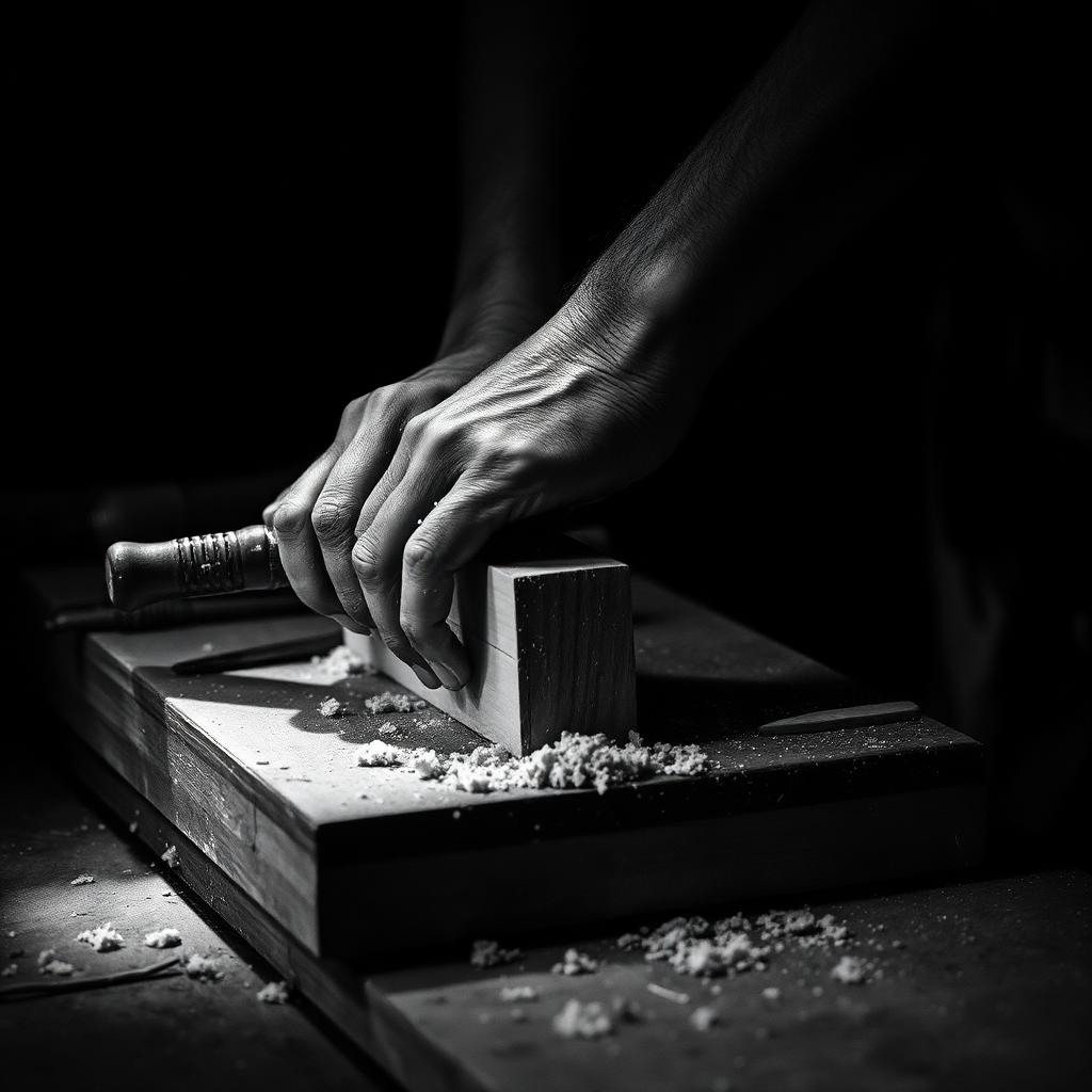 Craftsman's hands shaping wood on a workbench